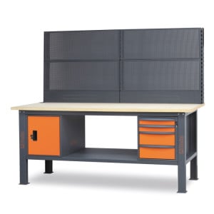 Banco da lavoro 2,1 m con piano in legno, 4 cassetti e modulo anta