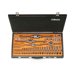 Assortimento di maschi  e filiere con accessori  in acciaio al cromo  filettatura metrica in cassetta di legno