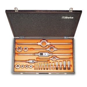 Assortimento di maschi  e filiere con accessori  in acciaio al cromo  filettatura GAS cilindrica in cassetta di legno