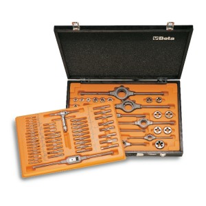 Assortimento di maschi  e filiere con accessori  in acciaio HSS filettatura metrica in cassetta di legno