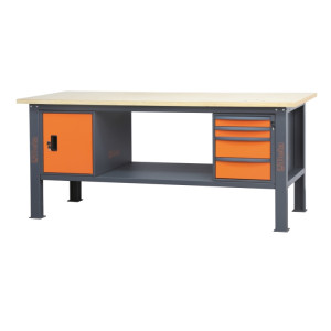 Banco da lavoro 2,1 m con piano in legno, 4 cassetti e modulo anta