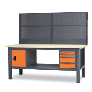 Banco da lavoro 2,1 m con piano in legno, 4 cassetti e modulo anta