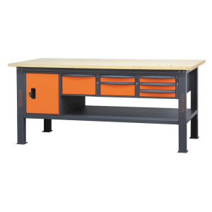 Banco da lavoro 2,1 m con piano in legno, 6 cassetti e modulo anta