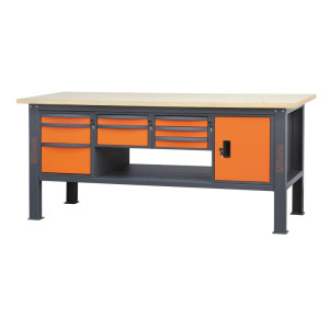 Banco da lavoro 2,1 m con piano in legno, 8 cassetti e modulo anta