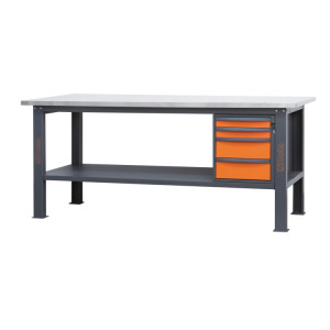 Banco da lavoro 2,1m con piano MDF rivestito in acciaio inox e 4 cassetti