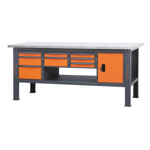 Banco da lavoro 2,1m con piano MDF rivestito in acciaio inox, 8 cassetti e anta