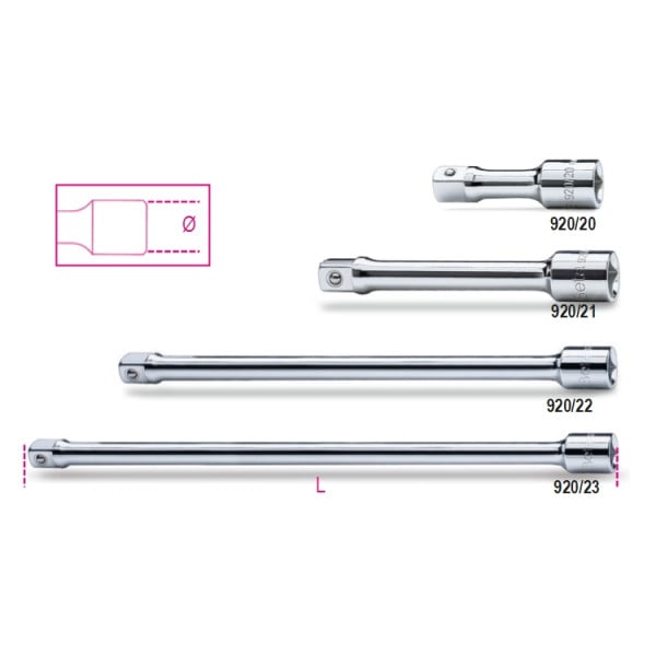 Beta PROLUNGHE CON ATTACCHI QUADRI MASCHIO E FEMMINA 1/2" CROMATE ART 920/20 