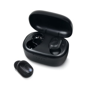 Fones de ouvido sem fio, BT V5.0, com microfone embutido, carregamento magnético, base de carregamento USB-C, preto
