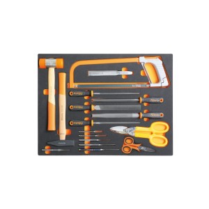 Bandeja de espuma com ferramentas de impacto, limas e ferramentas de corte