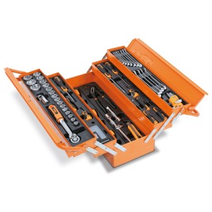 Caixa sanfonada com jogo de 91 ferramentas para manutenção geral,  organizadas em bandejas de plástico ABS