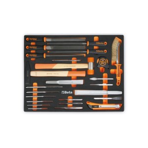 Bandeja de espuma EVA com ferramentas de percussão, limas, ferramentas de corte e medição