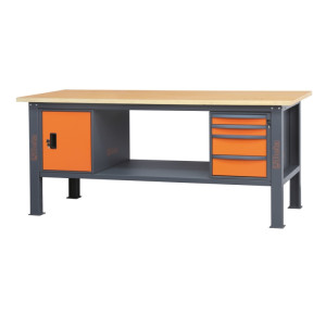 Workbench, 2.1 m long, with wood worktop, 4 drawers and door module