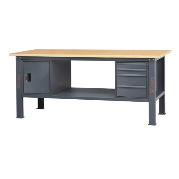 Workbench, 2.1 m long, with wood worktop, 4 drawers and door module ...