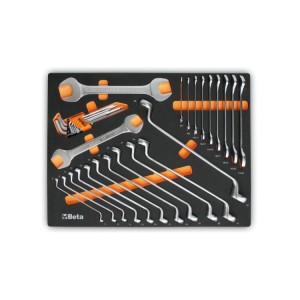 Schaumstoffeinsatz aus EVA mit Maulschlüsseln, tief gekröpften Doppelringschlüsseln und Sechskant-Stiftschlüsseln mit Griff