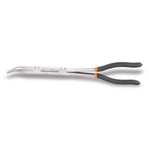 Curved extra-long, knurled double swivel nose pliers, 45°, slip-proof double layer PVC-coated handles