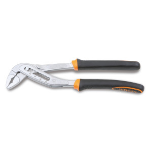 Slip joint pliers, boxed joint, bimaterial handles