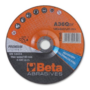 Abrasive steel and stainless steel cutting discs, thin, with depressed centre