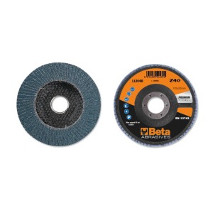 Flap discs with zirconia abrasive cloth, fibreglass backing pad, single flap construction