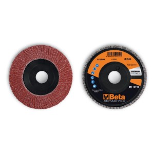 Flap discs with corundum abrasive cloth, plastic backing pad, single flap construction