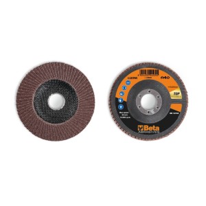 Flap discs with corundum abrasive cloth, fibreglass backing pad, single flap construction