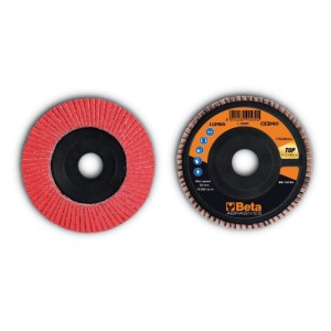 Flap discs with ceramic-coated abrasive cloth, plastic backing pad and single flap construction