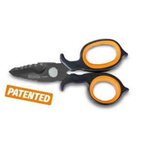 Double-acting electricians' scissors, with milling profile in DLC-coated stainless steel
