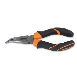 Extra-long bent needle knurled nose pliers, bi-material handles, industrial finish
