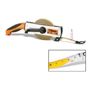 Measuring tape with handle,  aluminium casing, varnished steel tape, precision class II