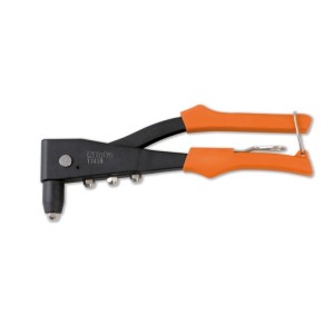 Riveting pliers supplied with 4 interchangeable nozzles