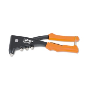 Riveting pliers supplied with 4 interchangeable nozzles