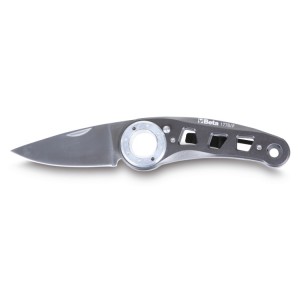 Foldaway knife, stainless steel and aluminium blade and handle, with push button opening mechanism