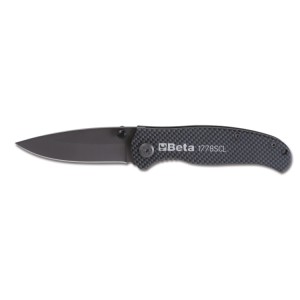 Foldaway knife with soft carbon look finish hardened steel blade in case