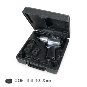 Reversible impact wrench, made from aluminium, supplied with 5 impact sockets, in case