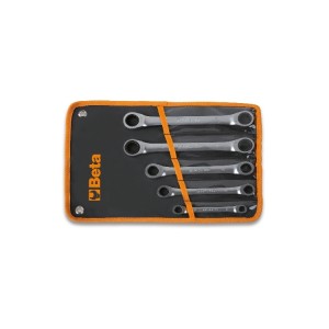 Set of 5 ratcheting double-ended flat bi-hex ring wrenches in wallet
