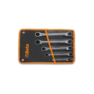 Set of 5 ratcheting double-ended flat bi-hex ring wrenches in wallet