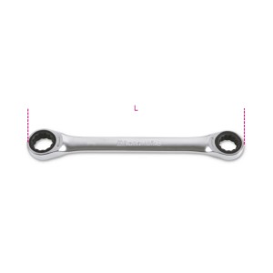 Ratcheting double-ended flat bi-hex ring wrenches chrome-plated