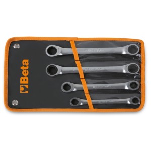 Set of ratcheting double-ended flat bi-hex ring wrenches in cloth wallet
