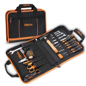 Folding tool case with assortment of 27 tools, for universal use