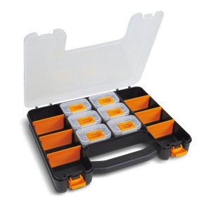 Organizer tool case with 6 removable tote-trays and adjustable partitions