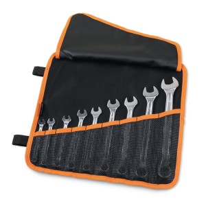 ​​Set of 9 combination wrenches, bright chrome-plated, in roll-up wallet made of durable polyester
