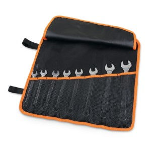 Set of 8 combination wrenches with thin open ends in roll-up wallet made of durable polyester