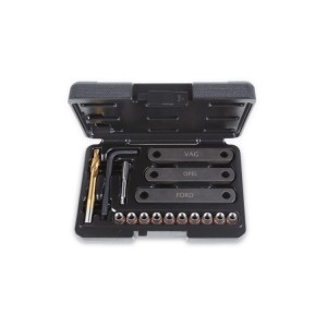Tool assortment for repairing damaged threads on brake caliper brackets M9x1.25