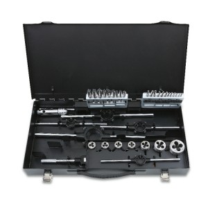 Assortment of HSS taps and dies,  metric thread,  and accessories in metal case