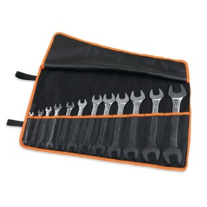 Set of 12 double open end wrenches in roll-up wallet made of durable polyester