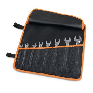 Set of 8 double open end wrenches in roll-up wallet made of durable polyester