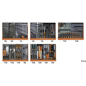 Assortment of 153 tools for industrial maintenance in ABS thermoformed trays