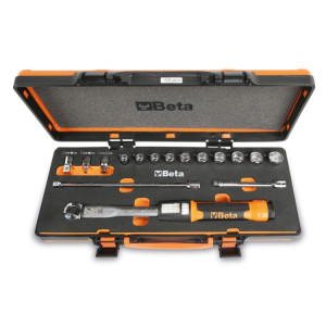 Zero-Reset click-type torque wrench, in case, with sockets and extension bars