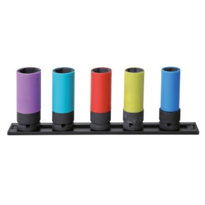 Set of 5 impact sockets for wheel nuts, with coloured polymeric inserts, 1/2" drive, on magnetic guide