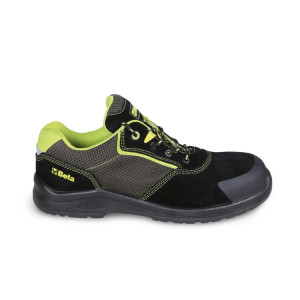 Suede shoe with highly breathable mesh inserts and anti-abrasion reinforcement in toe cap area