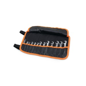 Set of 13 small double open end wrenches in roll-up wallet made of durable polyester